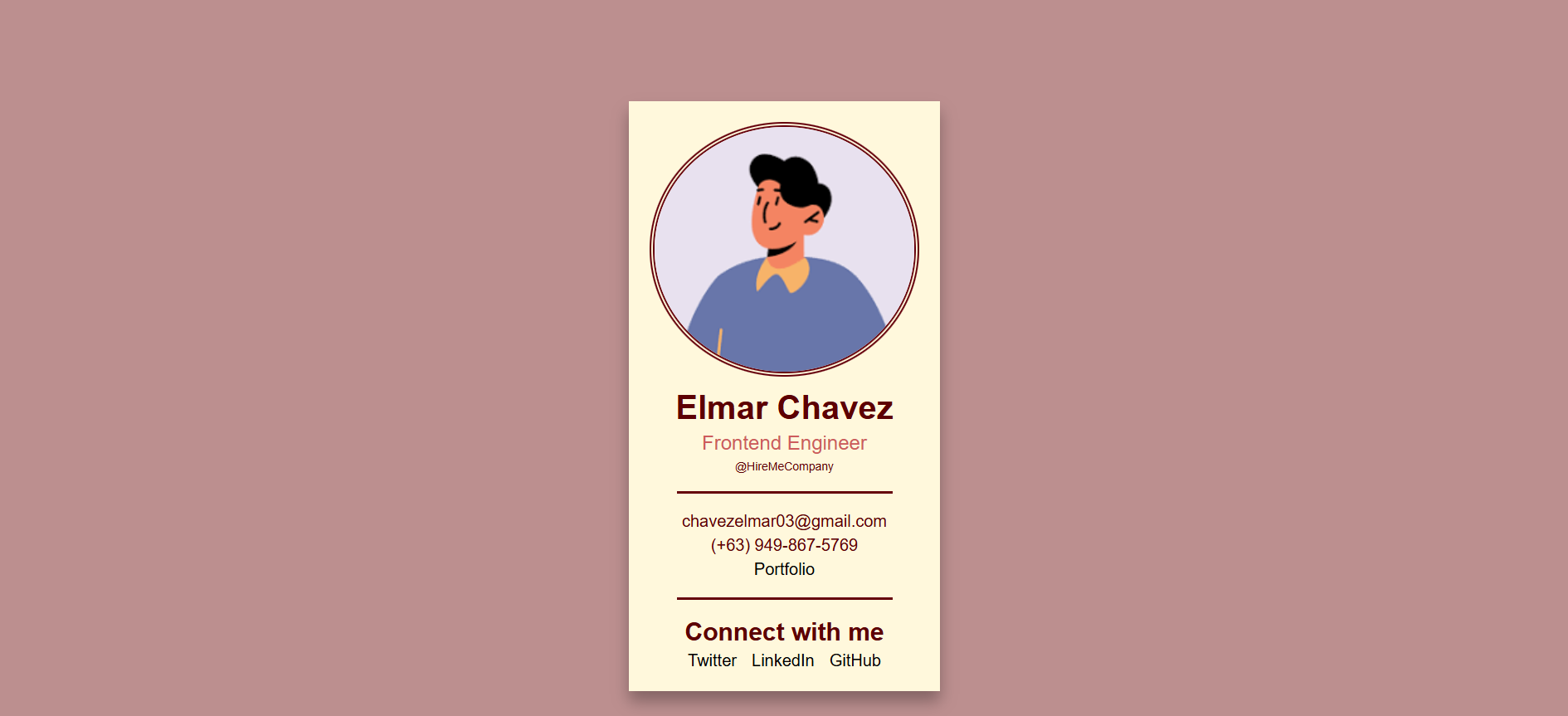 Screenshot of the business card page.